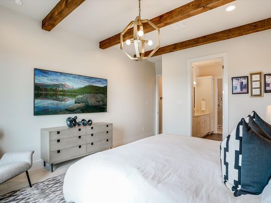 Bedroom, Interior, Pendant Lights, Recessed Lighting, Wooden Beams