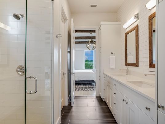 Bathroom, Bedroom, Dual Sink Vanities, Glass Shower, Interior, Wood Texture Flooring