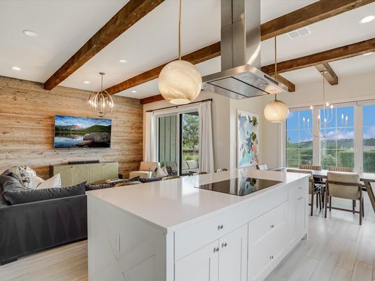 Dining room, Interior, Kitchen, Living room, Pendant Lights, Recessed Lighting, Wooden Beams, Wood Texture Flooring, Wooden Walls
