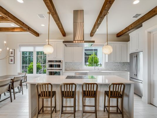 Interior, Kitchen, Pendant Lights, Recessed Lighting, Stainless Steel Appliances, Wooden Beams, Wood Texture Flooring