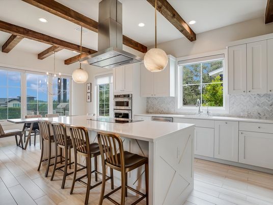 Dining room, Interior, Kitchen, Pendant Lights, Recessed Lighting, Stainless Steel Appliances, Wooden Beams, Wood Texture Flooring