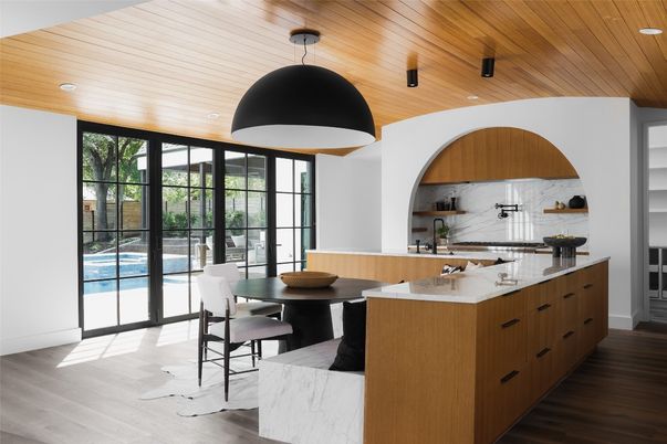 Dining room, Interior, Kitchen, Pendant Lights, Recessed Lighting, Wooden Ceilings, Wood Texture Flooring
