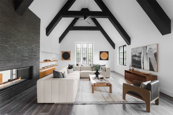 Fireplace, Interior, Living room, Stone Walls, Wooden Beams, Wood Texture Flooring