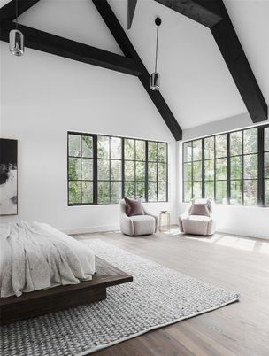 Bedroom, Interior, Pendant Lights, Wooden Beams, Wood Texture Flooring