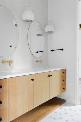 Bathroom, Dual Sink Vanities, Interior, Pendant Lights, Wood Texture Flooring