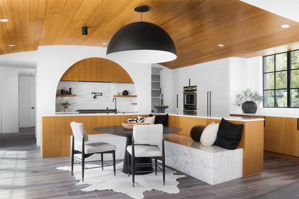 Dining room, Interior, Kitchen, Marble Walls, Recessed Lighting, Wooden Ceilings, Wood Texture Flooring