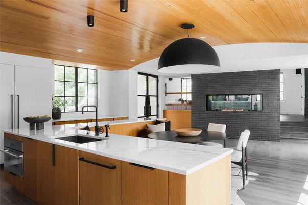 Dining room, Fireplace, Interior, Kitchen, Pendant Lights, Recessed Lighting, Stone Walls, Wooden Ceilings, Wood Texture Flooring