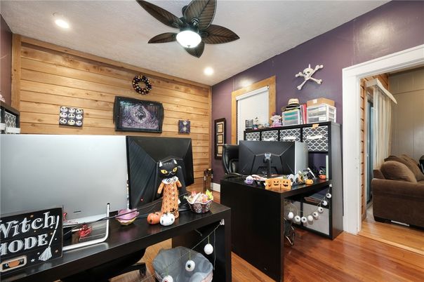 Home Office, Interior, Recessed Lighting, Wood Texture Flooring, Wooden Walls