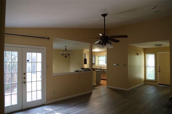 Chandelier, Empty room, Interior, Kitchen, Wood Texture Flooring