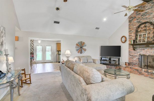 Fireplace, Interior, Living room, Recessed Lighting, Stone Walls