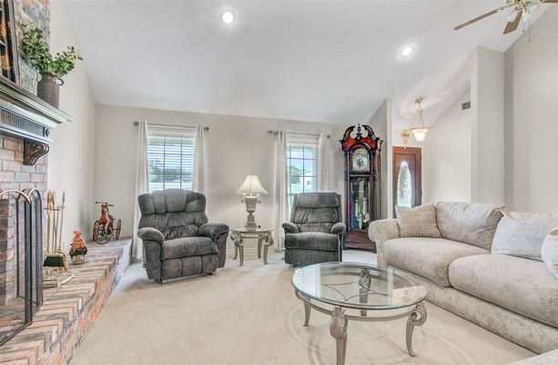 Fireplace, Interior, Living room, Pendant Lights, Recessed Lighting, Stone Walls
