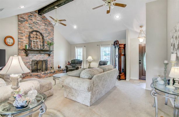 Fireplace, Interior, Living room, Recessed Lighting, Stone Walls