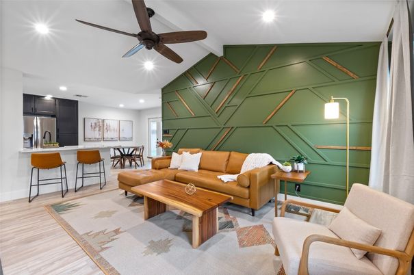 Dining room, Interior, Kitchen, Living room, Recessed Lighting, Stainless Steel Appliances, Wood Texture Flooring