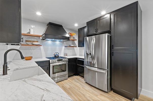 Interior, Kitchen, Recessed Lighting, Stainless Steel Appliances, Wood Texture Flooring