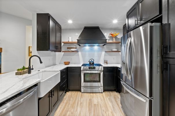 Interior, Kitchen, Recessed Lighting, Stainless Steel Appliances, Wood Texture Flooring