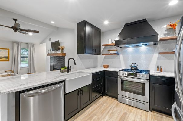 Interior, Kitchen, Recessed Lighting, Stainless Steel Appliances, Wood Texture Flooring