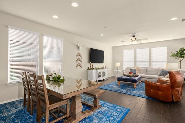 Dining room, Interior, Living room, Recessed Lighting, Wood Texture Flooring