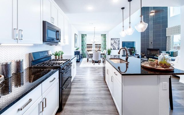 Dining room, Interior, Kitchen, Pendant Lights, Recessed Lighting, Wood Texture Flooring
