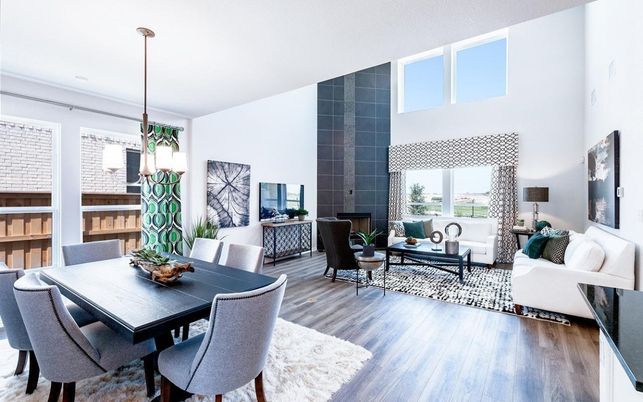Dining room, Interior, Living room, Pendant Lights, Wood Texture Flooring