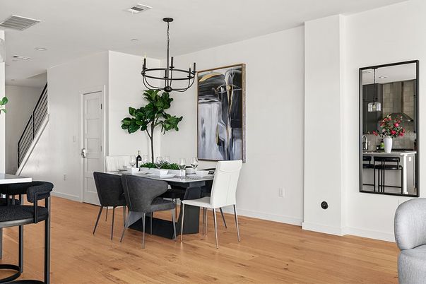 Chandelier, Dining room, Interior, Pendant Lights, Recessed Lighting, Wood Texture Flooring