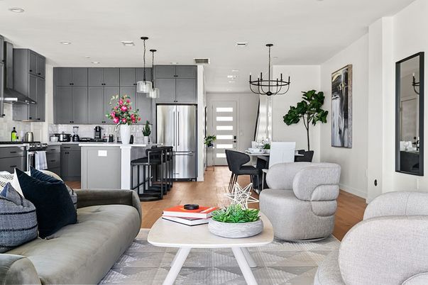 Dining room, Interior, Kitchen, Living room, Pendant Lights, Recessed Lighting, Stainless Steel Appliances, Wood Texture Flooring