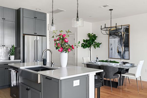 Dining room, Interior, Kitchen, Pendant Lights, Recessed Lighting, Stainless Steel Appliances, Wood Texture Flooring