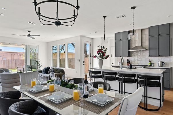 Dining room, Interior, Kitchen, Pendant Lights, Recessed Lighting, Stainless Steel Appliances, Wood Texture Flooring