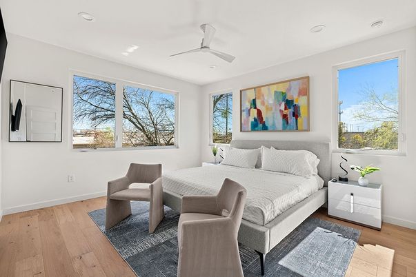 Bedroom, Interior, Recessed Lighting, Wood Texture Flooring