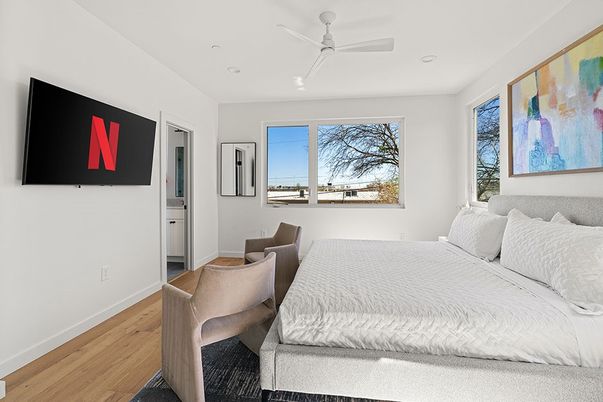 Bedroom, Interior, Recessed Lighting, Wood Texture Flooring
