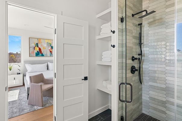 Bathroom, Bedroom, Glass Shower, Interior, Wood Texture Flooring