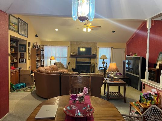 Fireplace, Interior, Living room, Recessed Lighting, Stone Walls