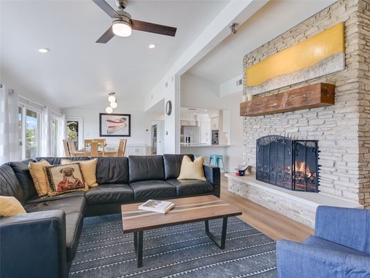 Dining room, Fireplace, Interior, Kitchen, Living room, Pendant Lights, Recessed Lighting, Stone Walls, Wood Texture Flooring