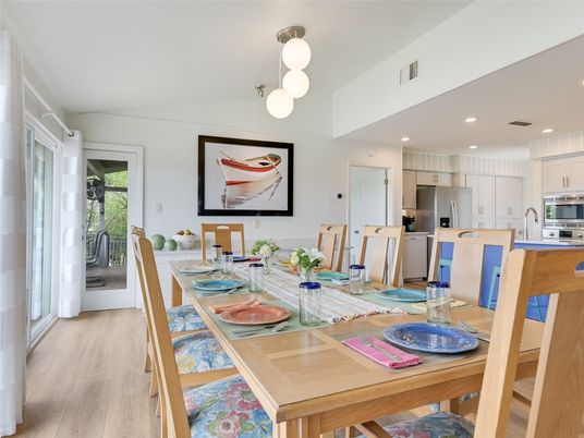 Dining room, Interior, Kitchen, Pendant Lights, Recessed Lighting, Stainless Steel Appliances, Wood Texture Flooring