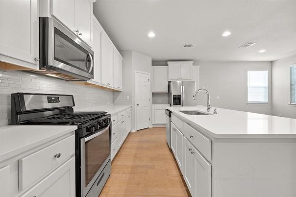 Interior, Kitchen, Recessed Lighting, Stainless Steel Appliances, Wood Texture Flooring