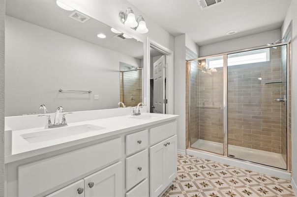 Bathroom, Dual Sink Vanities, Glass Shower, Interior, Recessed Lighting