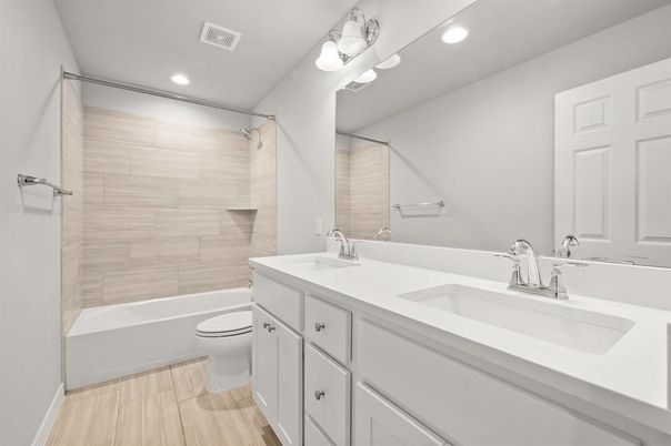 Bathroom, Dual Sink Vanities, Interior, Recessed Lighting, Wood Texture Flooring