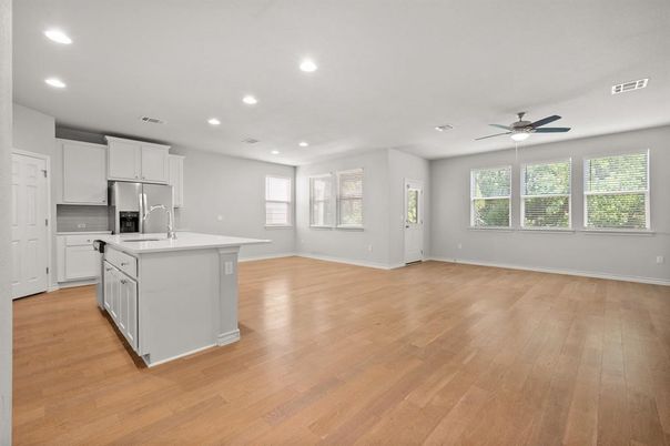 Empty room, Interior, Kitchen, Recessed Lighting, Wood Texture Flooring