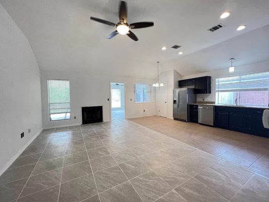 Empty room, Interior, Kitchen, Pendant Lights, Recessed Lighting, Stainless Steel Appliances