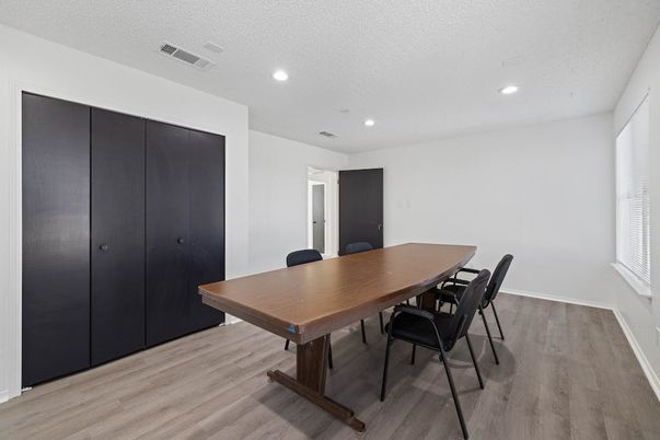 Dining room, Interior, Recessed Lighting, Wood Texture Flooring