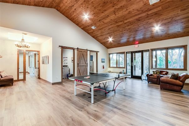 Chandelier, Game Room, Interior, Recessed Lighting, Wooden Ceilings, Wood Texture Flooring