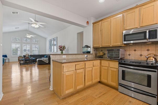 Interior, Kitchen, Living room, Recessed Lighting, Stainless Steel Appliances, Wood Texture Flooring