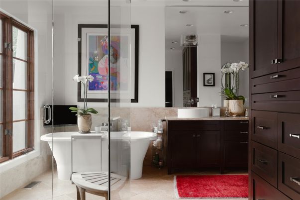 Bathroom, Free Standing Baths, Glass Shower, Interior, Recessed Lighting