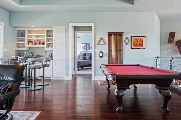 Billiard Table, Game Room, Interior, Recessed Lighting, Wood Texture Flooring