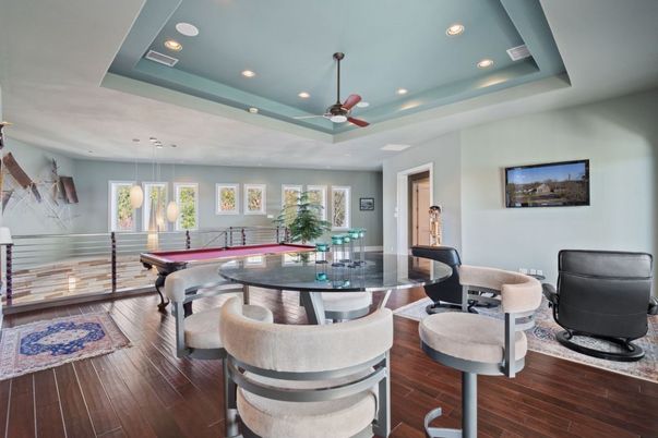 Billiard Table, Game Room, Interior, Pendant Lights, Recessed Lighting, Wood Texture Flooring