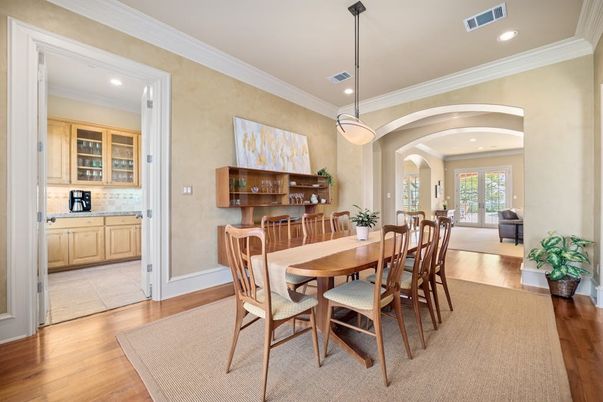 Dining room, Interior, Pendant Lights, Recessed Lighting, Wood Texture Flooring