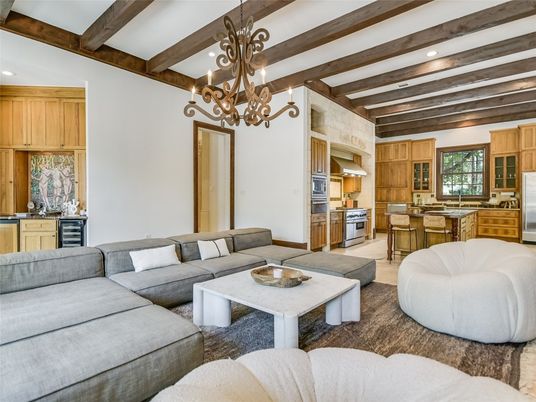 Chandelier, Interior, Kitchen, Living room, Recessed Lighting, Stainless Steel Appliances, Wooden Beams