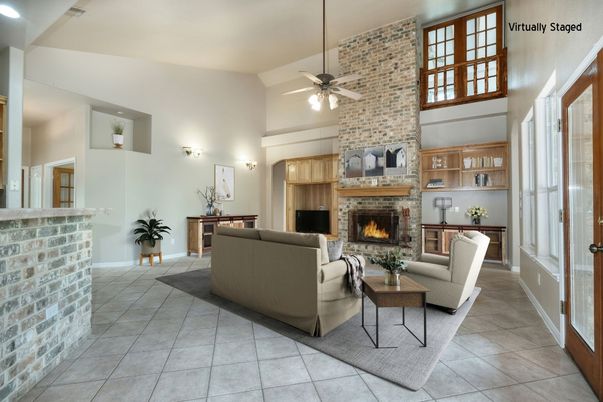 Fireplace, Interior, Living room, Recessed Lighting, Stone Walls