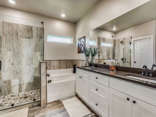 Bathroom, Dual Sink Vanities, Glass Shower, Interior, Recessed Lighting, Wood Texture Flooring