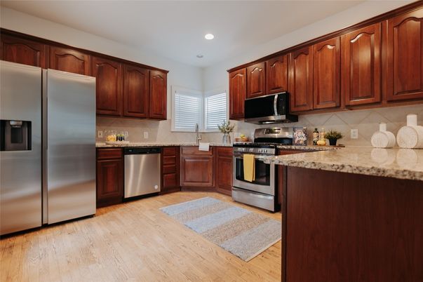 Interior, Kitchen, Recessed Lighting, Stainless Steel Appliances, Wood Texture Flooring