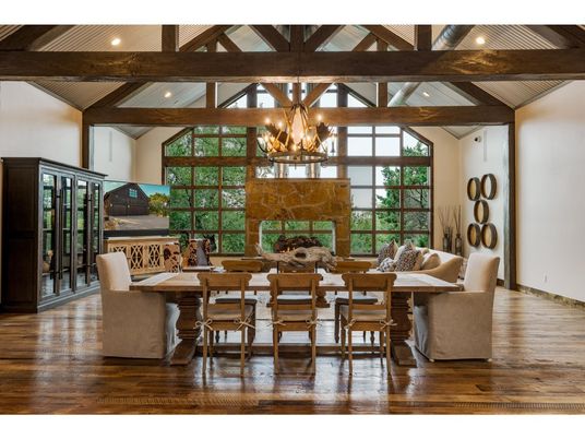 Chandelier, Dining room, Fireplace, Interior, Living room, Recessed Lighting, Wooden Beams, Wood Texture Flooring
